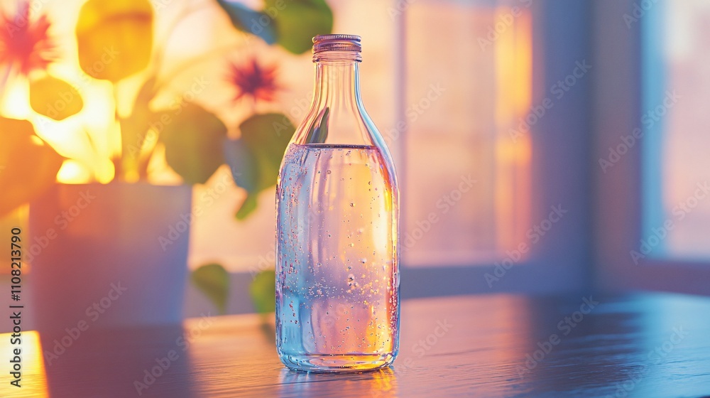 Refreshing glass water bottle resting on table at sunset Refreshing glass water bottle resting on table at sunset