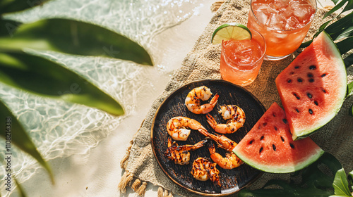 A beach picnic with grilled shrimp, fresh watermelon, and tropical cocktails served on a beach towel.