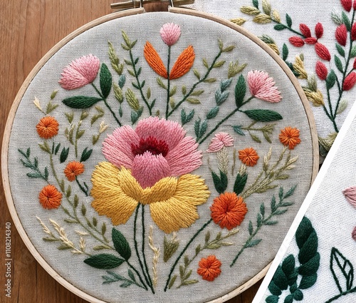 Embroidery flowers, botanical plants aesthetic colorful fancywork needlework handmade art