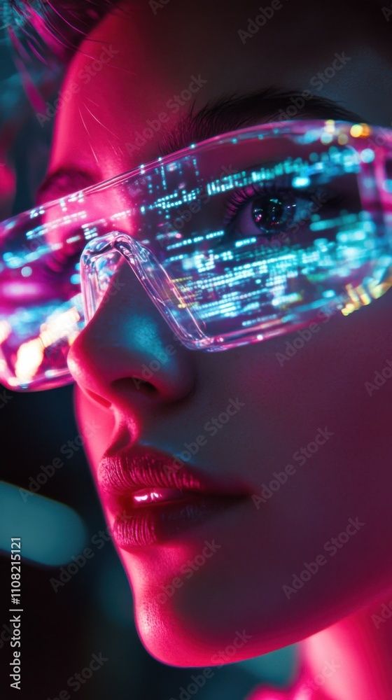 Futuristische frau mit leuchtenden brillen und digitaler reflexion Futuristische frau mit leuchtenden brillen und digitaler reflexion