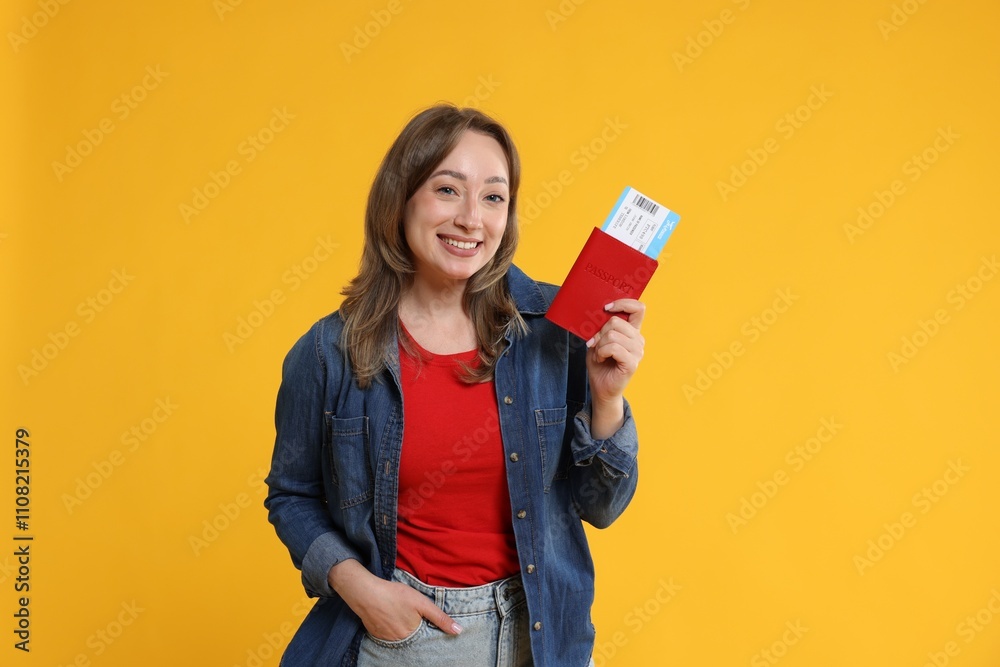 Happy traveller with passport and ticket on yellow background Happy traveller with passport and ticket on yellow background