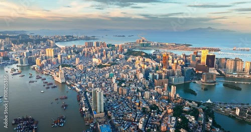 Macao modern city buildings and skyline and ocean natural scenery 