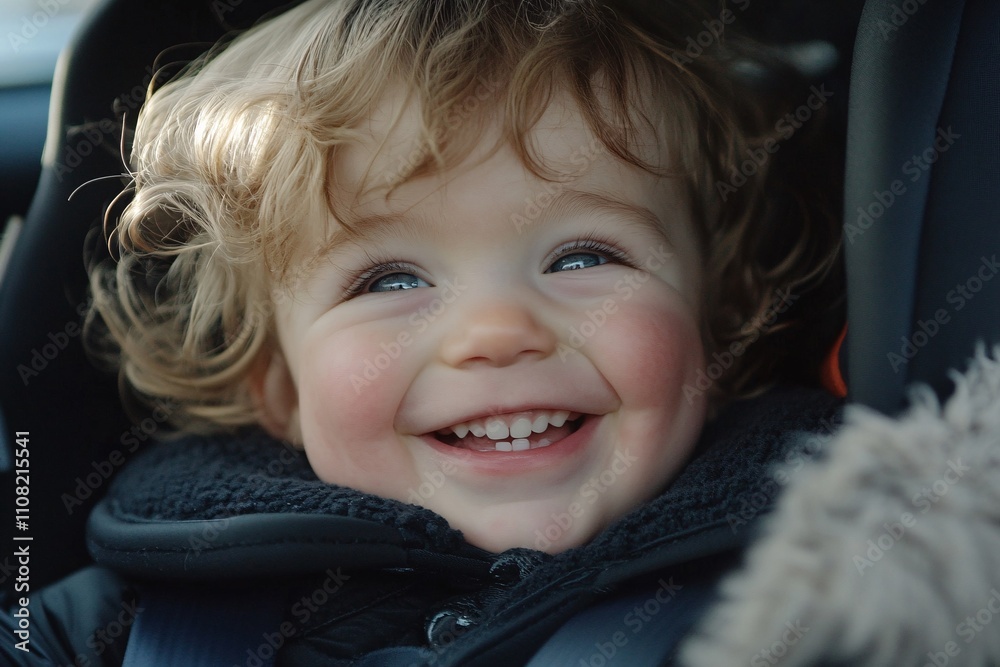 Close-up of a laughing toddler with chubby cheeks in a child car seat, soft daylight, secure and relaxed, light and natural expression 1