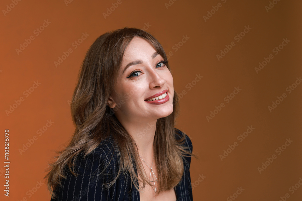 Attractive woman with stylish haircut on brown background, space for text Attractive woman with stylish haircut on brown background, space for text