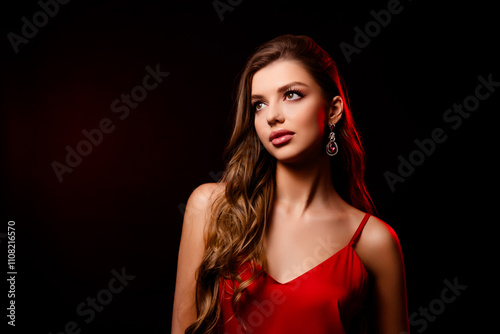Portrait of attractive lovely rich woman celebrate valentine day isolated on black color background