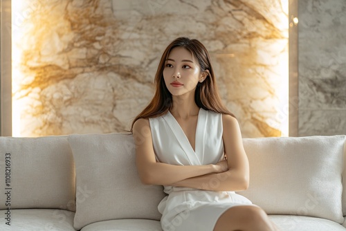 A high-quality photograph of a Korean spa owner sitting on a luxurious sofa, facing directly, slightly parting her lips as if speaking Elegant posture, soft lighting, modern decor, marble accents 1 photo