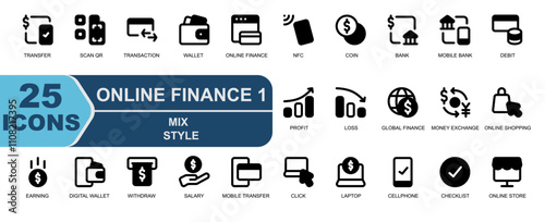 finance online icons.style glyph black.contains cash machine,withdraw,mobile transfer,laptop,cellphone,checklist,online store.
