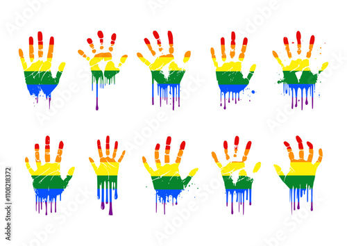 Lgbt pride vector illustration bundle, pride rainbow set, handprints sticker pack, abstract hands in colorful paint drip