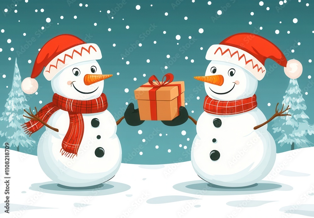 Two cheerful snowmen in a winter landscape on a Christmas greeting card Two cheerful snowmen in a winter landscape on a Christmas greeting card