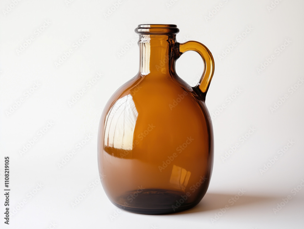 Round brown glass bottle featuring a convenient handle, beautifully displayed against a clean white backdrop. Round brown glass bottle featuring a convenient handle, beautifully displayed against a clean white backdrop.