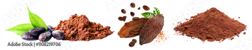 semillas de cacao con chocolate en polvo y fruto de cacao natural aislado en fondo transparente  alta resolución achocolatado cacao molido cacao en polvo