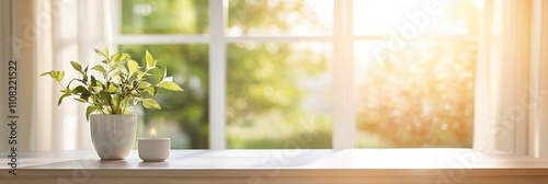 Blur living room at home with morning sunlight at big window for background usage. blur interior background concept. white, britht tone. photo