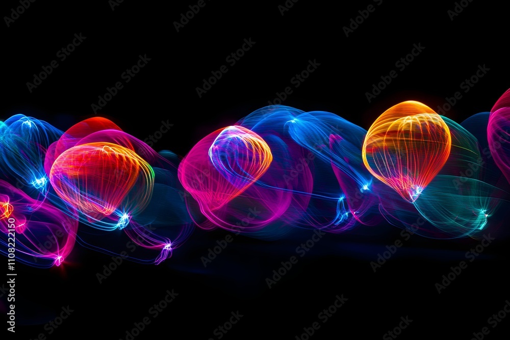 Vivid neon balloons dancing in the sky against a dark backdrop. Vivid neon balloons dancing in the sky against a dark backdrop.