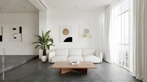 A cozy living room with a stylish white couch and wooden table