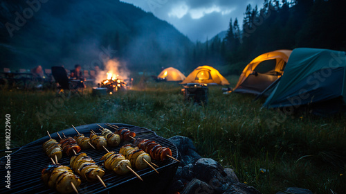 A camping barbecue with grilled kebabs and baked potatoes, surrounded by tents and campfires, as night falls and the stars begin to appear. photo