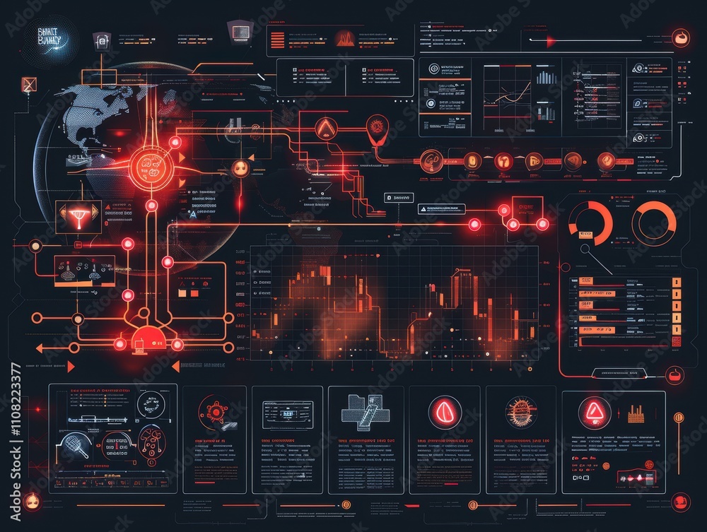 Obraz premium Futuristic data dashboard displaying analytics and network connections.