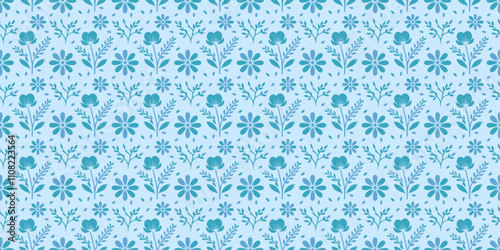 Seamless Teal Floral Pattern Design: Elegant Blue Flower Background