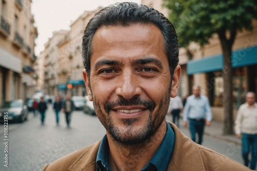 Close portrait of a smiling 40s Algerian man looking at the camera, Algerian city outdoors  blurred background