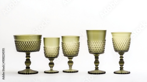 Five olive green glass goblets of varying sizes, featuring a diamond-patterned design, displayed against a white background. photo