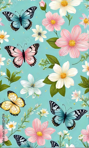 Whimsical butterflies dancing through garden of vivid flowers, capturing essence of spring and renewal, for childrens illustration, playful design, decoration, greeting card, floral design, print.