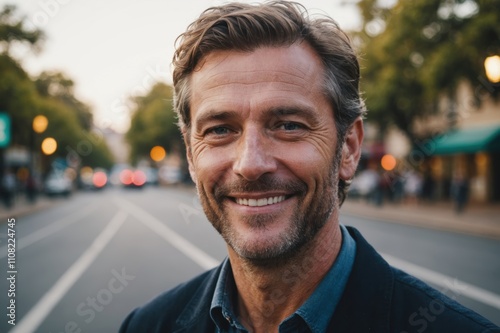 Close portrait of a smiling 40s Australian man looking at the camera, Australian city outdoors  blurred background photo