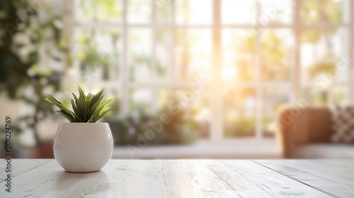 Blur living room at home with morning sunlight at big window for background usage. blur interior background concept. white, britht tone. photo