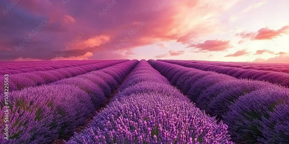 Obraz premium Lavender Fields at Sunset with Vibrant Colors, Perfect for Nature Themes, Relaxation Concepts, and Travel Inspiration