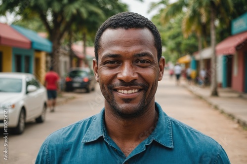 Close portrait of a smiling 40s Belizean man looking at the camera, Belizean city outdoors  blurred background photo