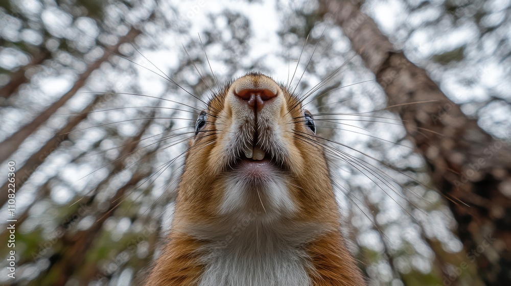 Fototapeta premium Eurasian red squirrel showing teeth and opening mouth in blurred forest