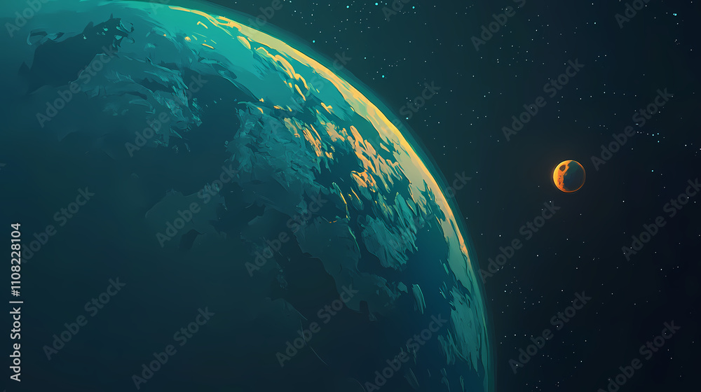 Obraz premium The earth from space with visible continents and a distant moon. Shadowed. Illustration