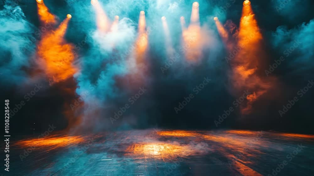 Empty concert stage with illuminated spotlights and smoke. Stage background with copy space 4K Video