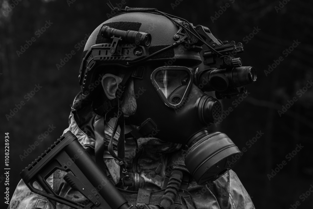 A military soldier in a gas mask and a helmet with a night vision device in the forest at dusk. Black and white photo. A military soldier in a gas mask and a helmet with a night vision device in the forest at dusk. Black and white photo.