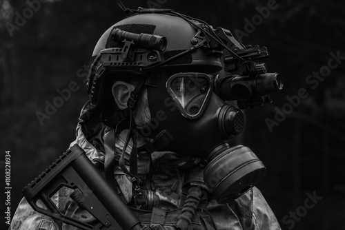 A military soldier in a gas mask and a helmet with a night vision device in the forest at dusk. Black and white photo. photo