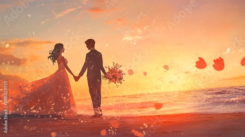 장미 꽃잎이 흩날리는 바다 앞의 신랑 신부, AI 생성