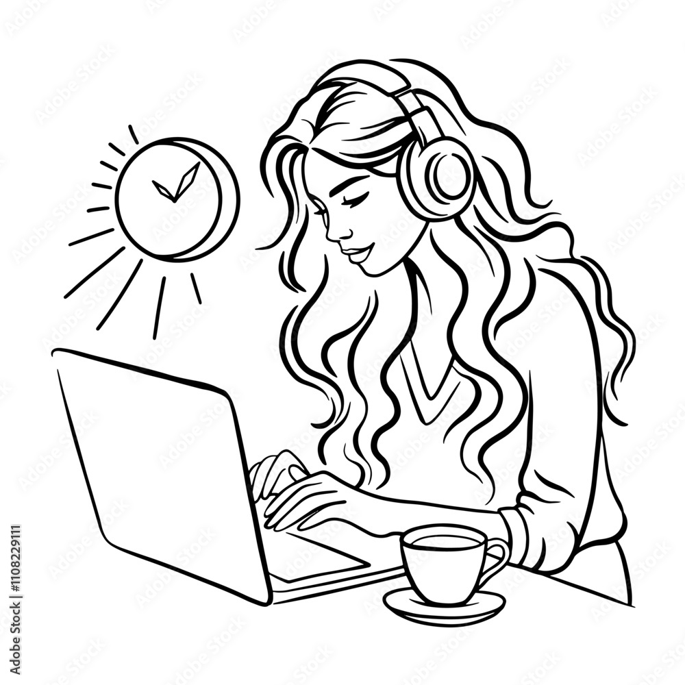 Woman with laptop sitting. Concept illustration for working, freelancing, studying, education, work from home. Vector illustration in black white Woman with laptop sitting. Concept illustration for working, freelancing, studying, education, work from home. Vector illustration in black white