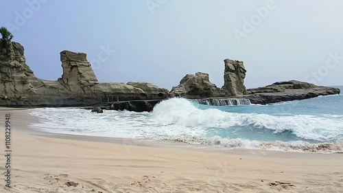 Close up of huge waves washing over the coastline and rocks.