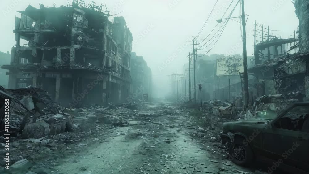 Desolate city street with a car and a truck in the middle of it. hyperrealistic Video