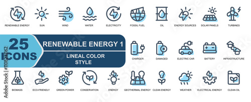 Renewable energy vector.style lineal color.icon sun,wind power,wind,water,hydropower,energy,electricity,fossil fuel,oil,energy sources,solar panels,turbine.
