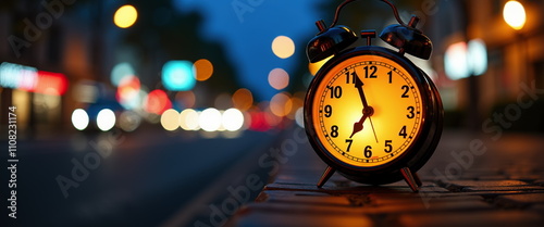 Vintage alarm clock on city street at night photo