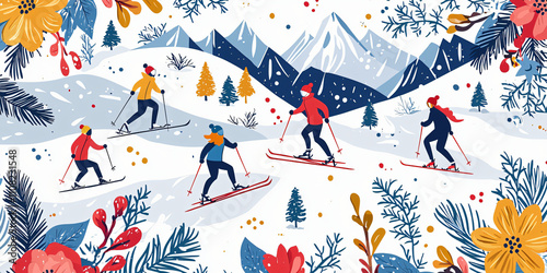 pattern, elegant and fresh, surrounded by snowy mountains, skiing, people, flowers around the corners,best quality