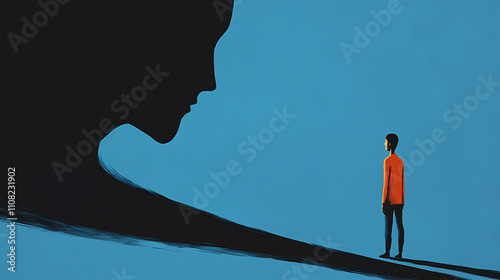 Overcoming shadows of rejection: a figure standing in front of a looming shadow that represents rejection, but as they step forward. Shadowed. Illustration