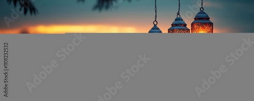 A tranquil scene of illuminated hanging lanterns over a serene lake at dusk, perfect for events like Diwali, evening festivities, and peaceful retreats. photo