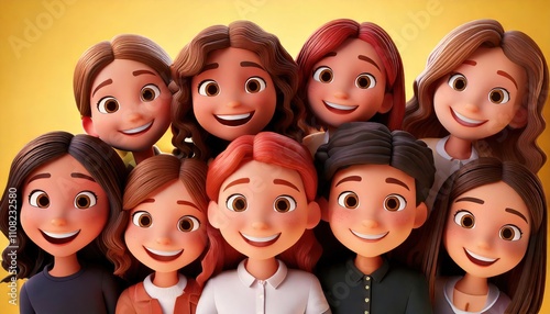  children smiling, group portrait of multicultural kids, happy cartoon 