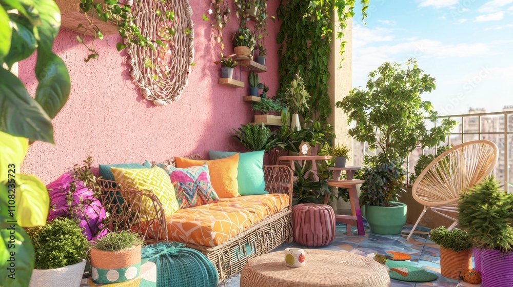 Fototapeta premium Urban Oasis: Vibrant Balcony with Eclectic Furniture and Colorful Plants for Dopamine-Boosting Decor Inspiration