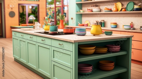 Vibrant Culinary Playground: A Dynamic Kitchen Island Bursting with Colorful Decor and Eclectic Dishware