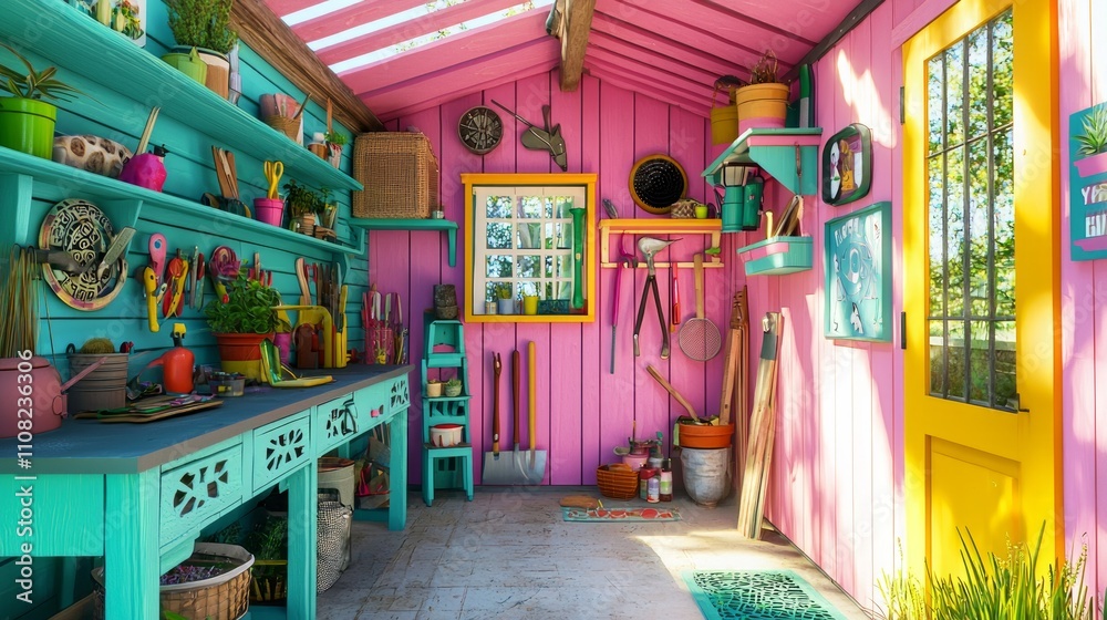 Fototapeta premium Enchanting Garden Shed Oasis: A Burst of Colorful Creativity and Joy