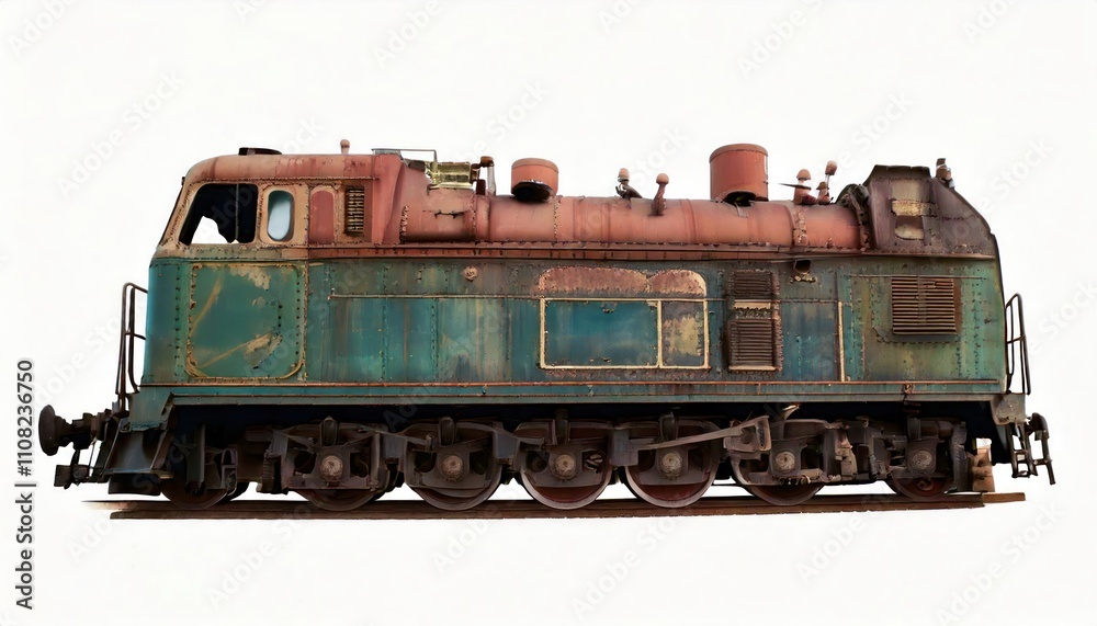 Fototapeta premium Old rusty diesel locomotive side view isolated on white background, industrial train engine 