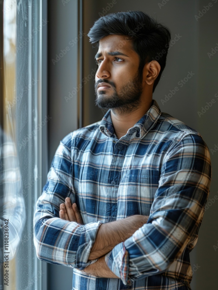 Fototapeta premium Man in a plaid shirt is looking out the window with his arms crossed