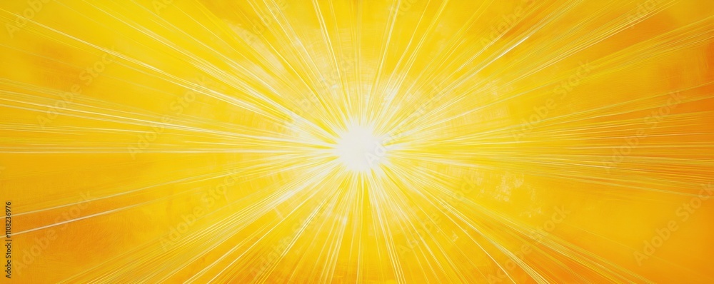 Obraz premium Bright sun rays burst on vibrant yellow background. Sunbeams radiate outward creating dynamic visual effect. Image evokes energy positivity, summer vibes. Perfect for background designs tech articles