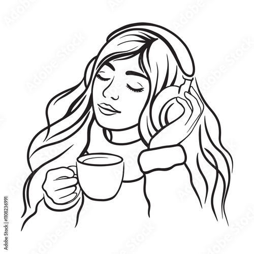 Woman in headphones listening to music. Coffee in hands, line art vector illustration.